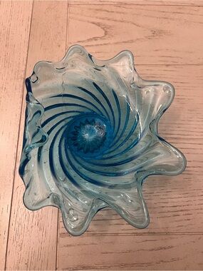 Blue Swirl Art Ocean Wave Glass Decorative Bowl Decor